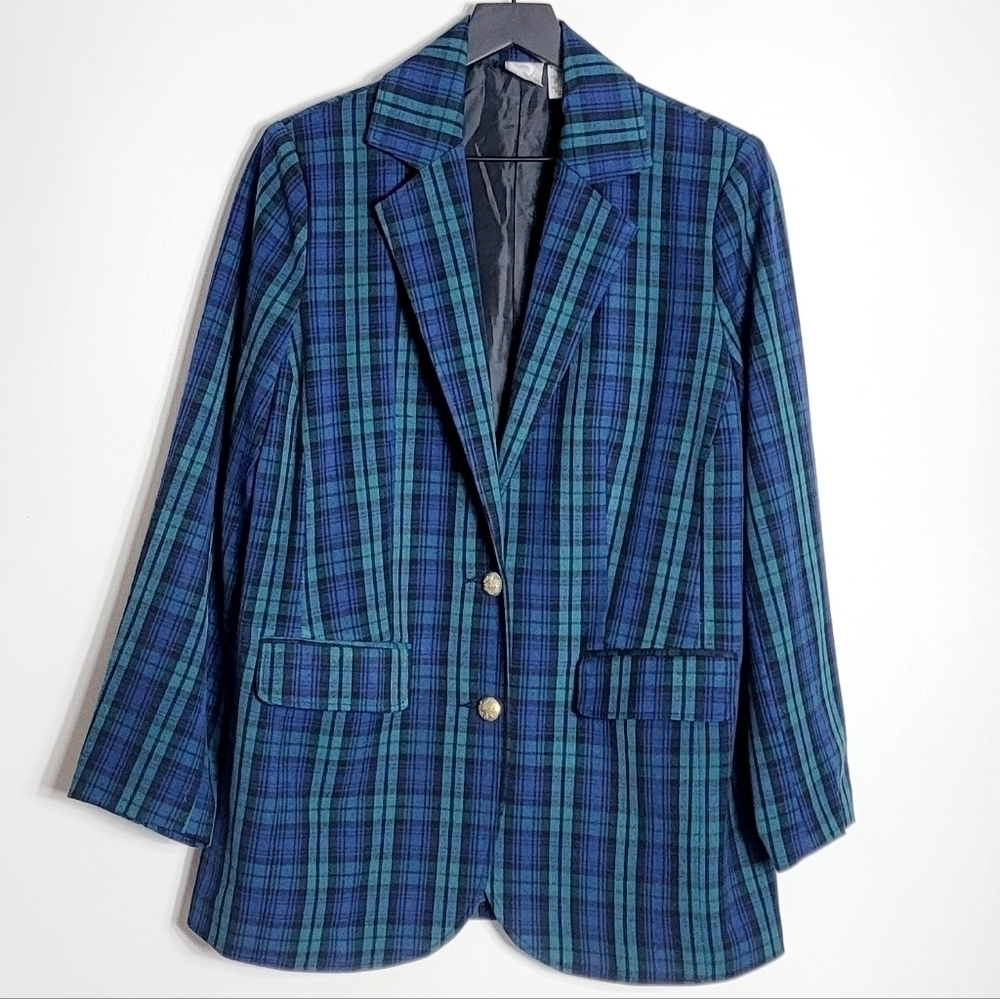 Vintage Roaman's Career Blue/Green Plaid Academia Women's Blazer Size 12W